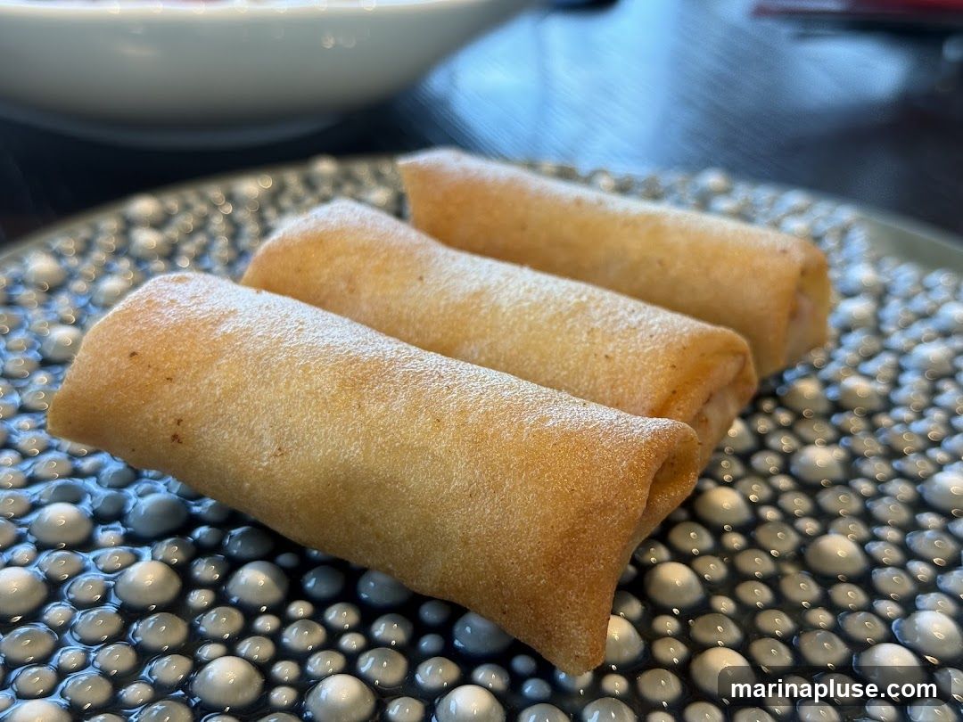 Three golden-brown spring rolls are arranged on a textured, dark gray plate with a raised, bubbly pattern. A blurred white bowl is visible in the background.