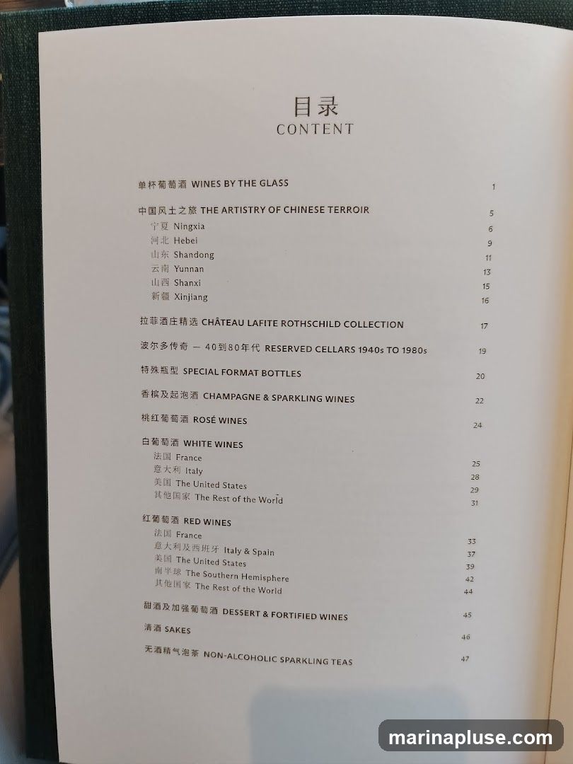 A table of contents for a wine menu, listing various categories of wines and their corresponding page numbers.