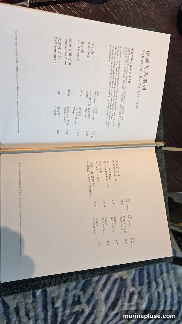 A menu featuring a selection of RAW PU'ER teas from Yunnan, with details on origin, harvest year, and price per 10g.