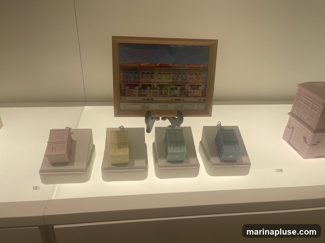 A display case featuring miniature architectural models and a framed picture of colorful shophouses. The models are in pastel colors and are shaped like buildings. A framed picture above them shows a row of traditional shophouses.