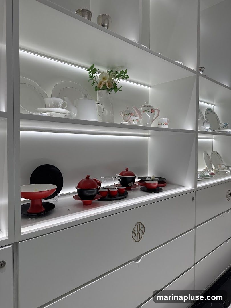 White shelves are illuminated with LED strip lights, showcasing various tableware items. On the top shelf, there are silver decorative pieces. The second shelf displays white plates, teacups, a white teapot, and a vase with flowers. The third shelf features a pink and white floral teapot set with teacups. The fourth shelf holds a collection of red and black teacups, a teapot, and a glass pitcher, arranged on a black tray. Below the shelves are white drawers with a circular logo.