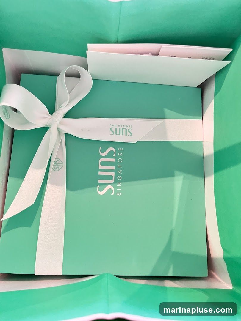 A teal-colored gift box with a white ribbon tied in a bow sits inside a larger teal shopping bag. The box has the brand name "SUNS SINGAPORE" printed on it. There are also some papers peeking out from behind the gift box.