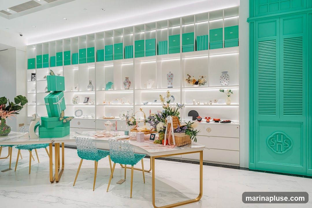 A brightly lit retail space showcases an array of decorative items and giftware. Shelves are lined with teal boxes and various porcelain vases, plates, and figurines. In the foreground, two tables are set with teacups and floral arrangements, suggesting a tea set or gift display. A large, teal-colored decorative door with an embossed logo is visible on the right side of the image.