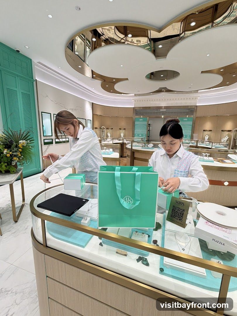 Two female employees are seen working in a brightly lit jewelry store. The store features display cases filled with jewelry, and a decorative ceiling with reflective panels. One employee is arranging items on a counter, while the other is packing a gift bag. A large teal shopping bag with a logo is prominent on the counter.