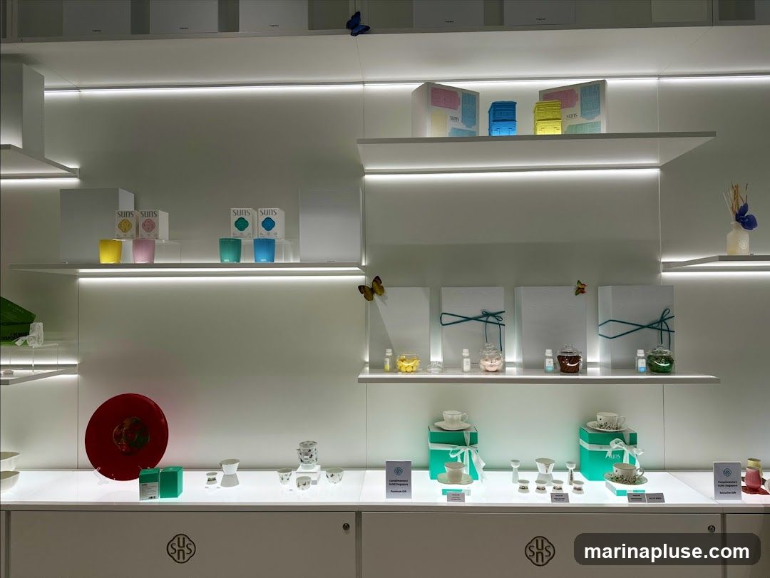 A well-lit display shelf showcasing various home decor items. On the top shelf, there are boxes with colorful abstract designs and small blue and yellow decorative blocks. The second shelf features several boxes labeled "SUNS" with colorful cups below them in yellow, pink, teal, and blue. The third shelf has white boxes tied with green ribbon, small bottles, and jars containing colorful beads or potpourri. A red circular object is on the fourth shelf, along with green boxes and small ceramic cups and saucers. The bottom shelf has more ceramic items and gift boxes.