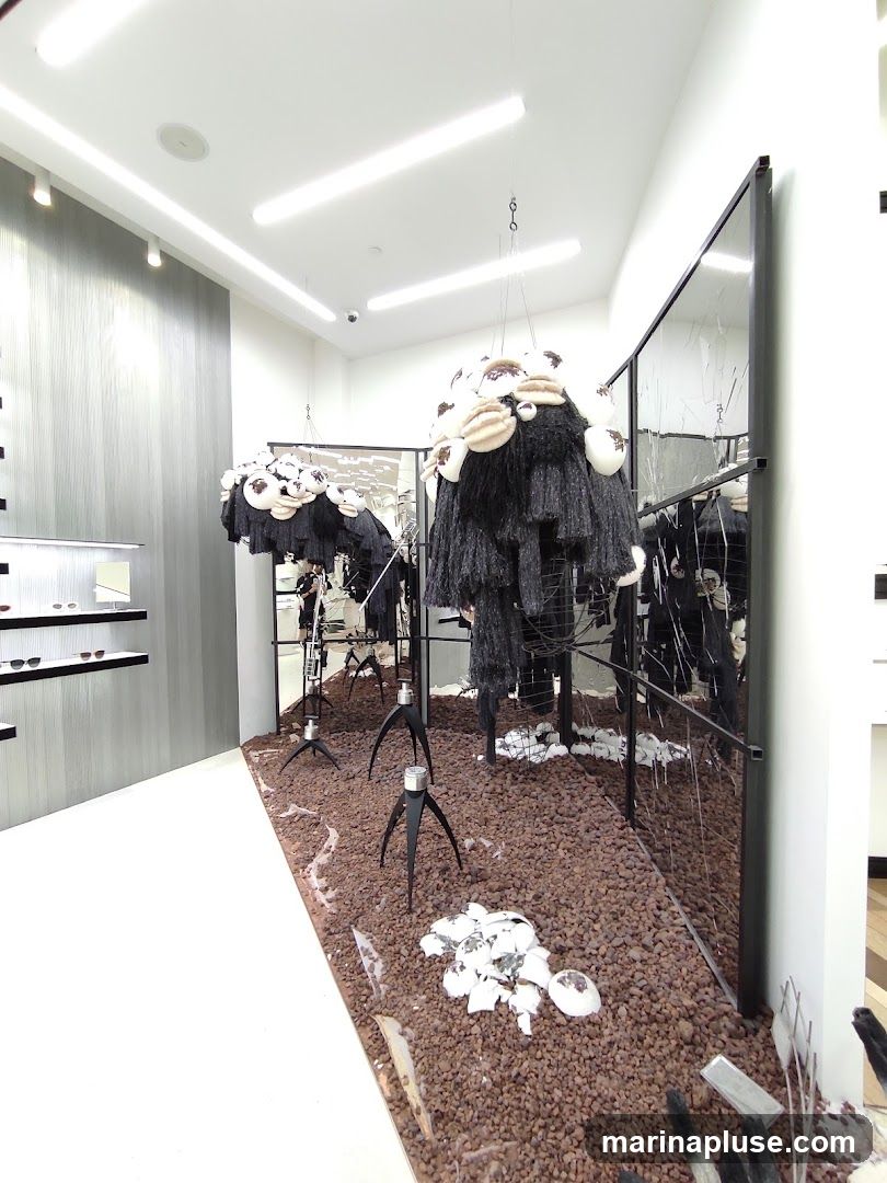 The image shows the interior of a store, possibly an eyewear boutique, with a minimalist and modern design. The walls are white and grey, with sleek shelving units displaying eyewear on the left. The central area features several large, abstract, and somewhat unsettling sculptural displays hanging from the ceiling. These sculptures are dark and textured, resembling shaggy creatures with round, light-colored elements. The floor is covered in small brown pebbles, with some scattered white, broken pieces resembling ceramic or plaster. Mirrored panels line one wall, reflecting the sculptures and the store's interior, creating a sense of depth and visual complexity. The lighting is bright and even, provided by long fluorescent tubes on the ceiling.
