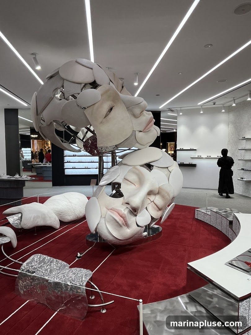 A retail space features a large, abstract sculptural installation resembling fragmented faces and organic forms, set against a vibrant red carpet. In the background, shelves display eyewear, and a person stands near a display counter. The overall ambiance suggests a modern, high-end boutique.