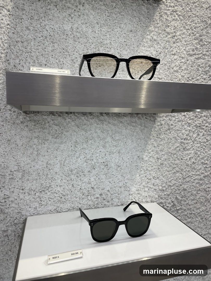 Two pairs of black-framed sunglasses are displayed on shelves against a textured white wall. The top pair has a slightly more angular frame and lighter lenses, while the bottom pair has a rounder, thicker frame and darker lenses. Small labels with product names and prices are placed in front of each pair.
