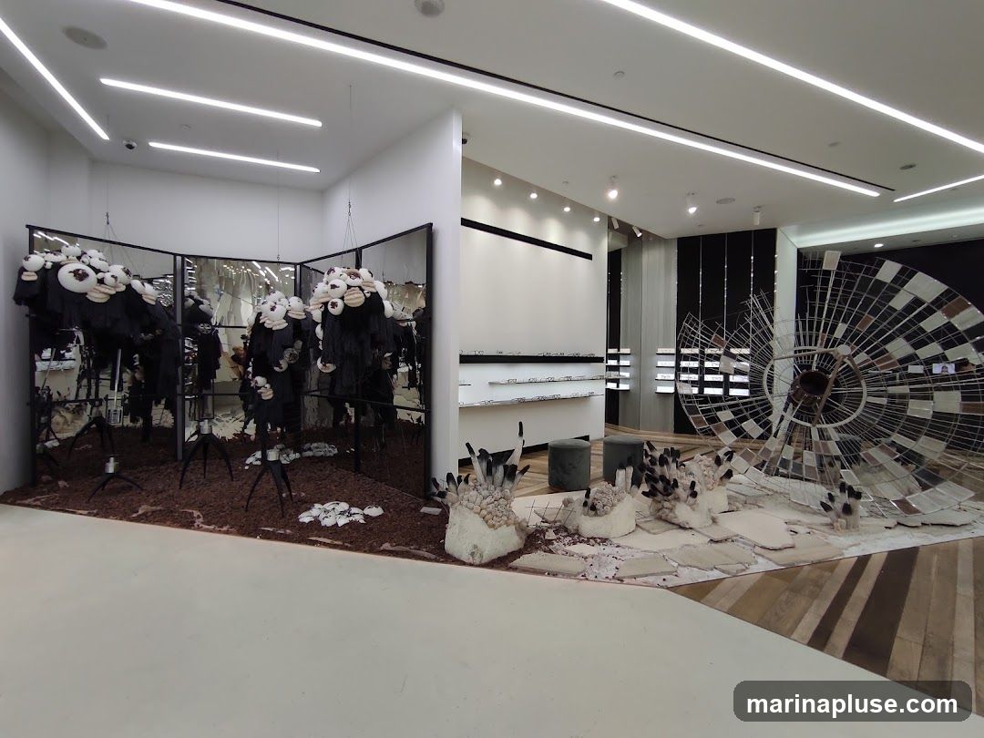 An interior view of a modern retail space, possibly an optical store, featuring an artistic display. The left side of the image showcases a display with multiple mannequins dressed in black, adorned with white, bulbous elements resembling eyes or flowers. These are arranged in front of mirrored panels, creating a sense of depth and repetition. The floor in this area is covered with dark, textured material resembling soil, with scattered white objects. In the center and right of the image, there are shelves displaying eyeglasses. A large, circular, metallic sculpture with reflective panels dominates the right side of the space. Several abstract, organic-looking sculptures are placed on the floor in the foreground. The overall aesthetic is avant-garde and artistic, blending retail display with sculptural elements.