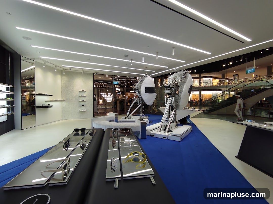 A sleek and modern eyewear store interior with minimalist displays. Sunglasses are showcased on reflective surfaces in the foreground. In the background, there are mannequins or display structures with lighting elements, and a glimpse into a shopping mall with escalators and other stores. An "EXIT" sign is visible in the distance.