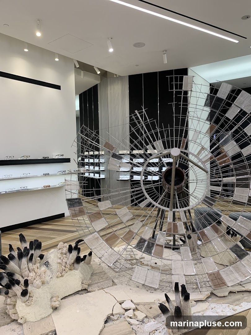 An interior view of a modern eyewear store featuring a large, abstract wire sculpture in the foreground. The sculpture is circular and appears to be made of metal wire with various square panels attached. In the background, shelves display numerous pairs of eyeglasses. The store has a clean, minimalist aesthetic with white walls, black accents, and track lighting.