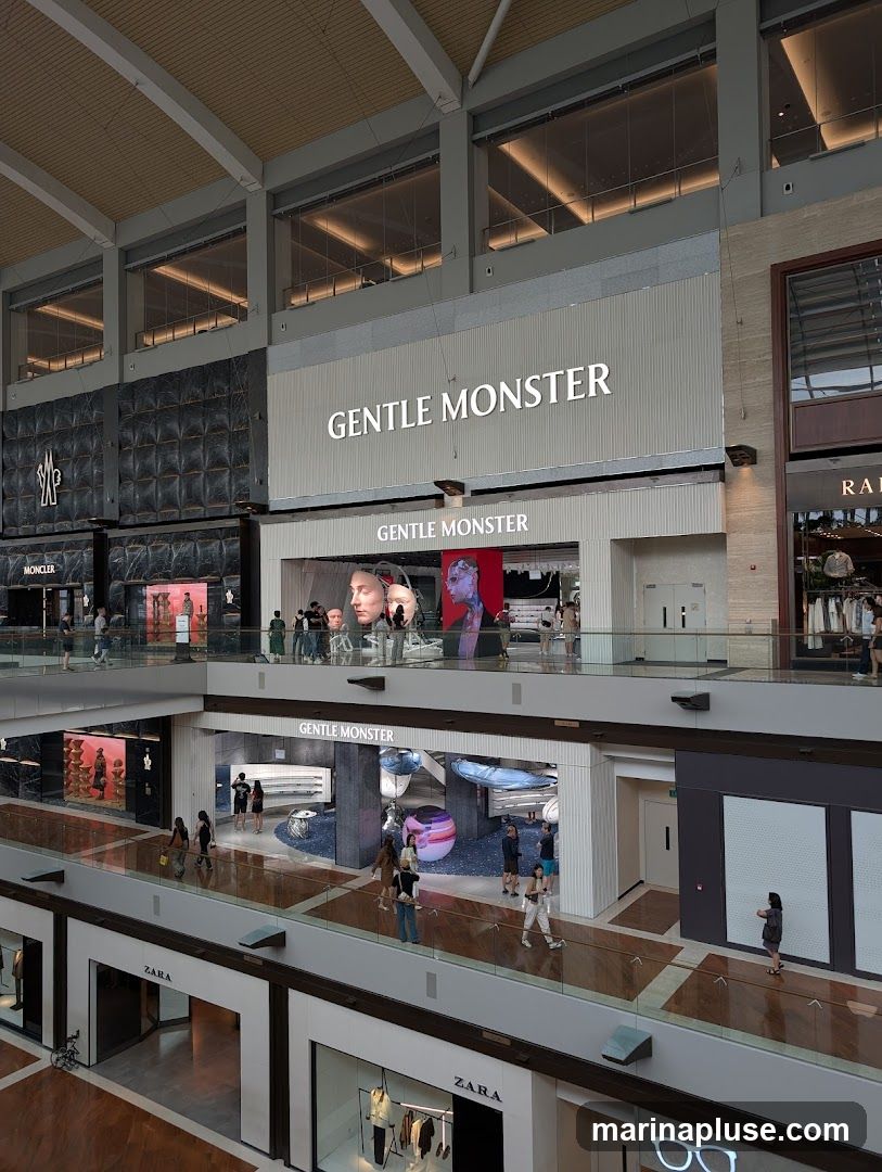 An interior view of a modern shopping mall, showcasing multiple levels with various retail stores. Prominent signage for 'GENTLE MONSTER' is visible on the upper level, along with displays of eyewear. Below, 'ZARA' stores are seen on a lower level, displaying clothing. People are seen browsing and walking along the walkways. The architecture features high ceilings, glass railings, and a contemporary design.