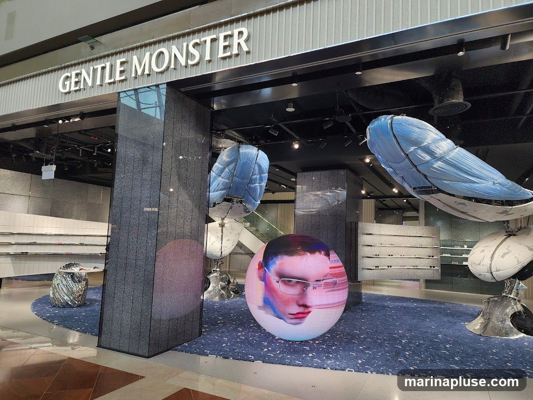 The exterior of a Gentle Monster store is shown, featuring the brand name prominently displayed above the entrance. The storefront has a modern and artistic design, with large windows showcasing the interior. Inside, displays of eyewear are visible, along with unique artistic installations, including a large spherical screen displaying a face and several blue, balloon-like structures hanging from the ceiling. The floor is covered with a textured blue carpet.