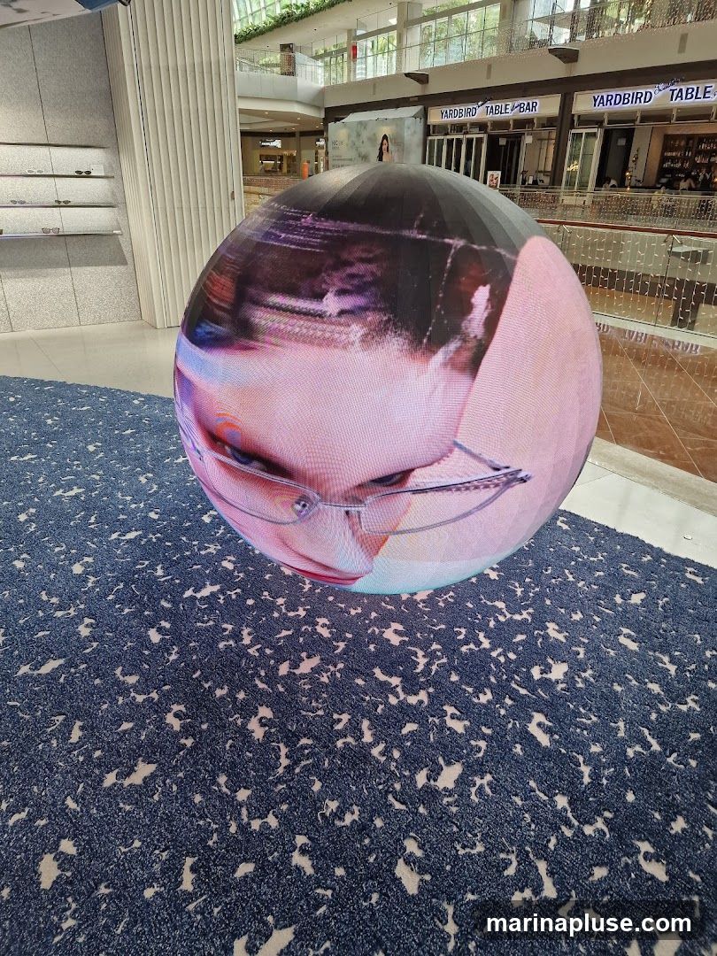 A large, spherical digital display shows a close-up of a person's face wearing glasses. The display is positioned on a dark blue carpet with a speckled pattern. In the background, a shopping mall interior is visible, with storefronts including 'YARDBIRD TABLE BAR' and displays of eyeglasses on a wall.