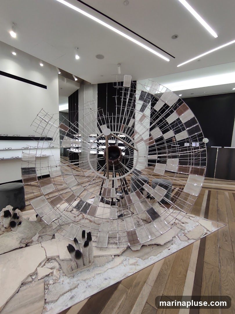A large, circular art installation with a metal frame and reflective panels is displayed in a modern retail space. The installation is placed on a base that resembles broken concrete and earth, with some abstract sculptural elements. In the background, shelves displaying eyewear are visible, suggesting the space is an optical store. The flooring is made of wooden planks arranged in a geometric pattern.