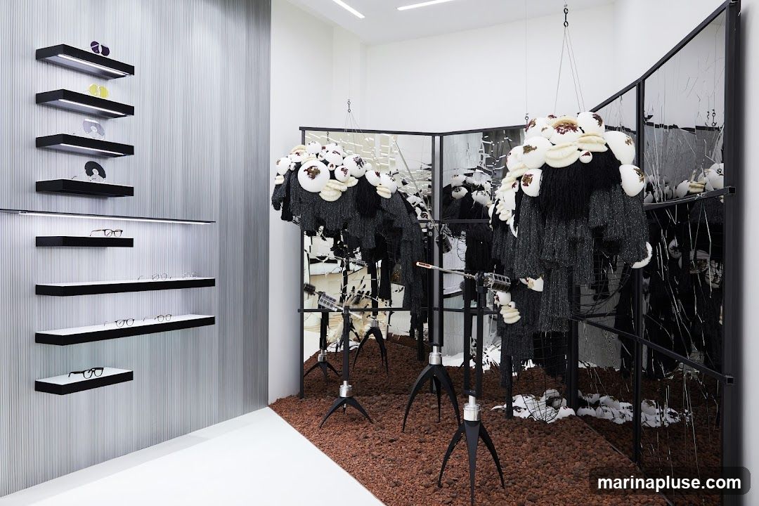 The interior of a modern eyewear store features sleek black shelves displaying various eyeglasses and sunglasses. The shelves are illuminated with subtle LED lighting. In the center of the room, abstract, sculptural art installations hang from the ceiling, composed of dark, textured materials and white, bulbous elements. These installations are surrounded by mirrored panels, creating a sense of depth and reflection. The floor is a mix of white and a section covered in reddish-brown gravel, with black tripod stands supporting some of the artistic elements.