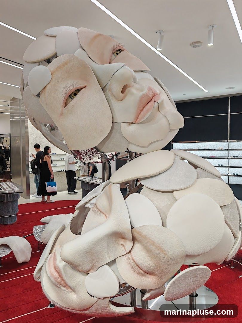 A large, abstract sculpture resembling a fragmented human face is displayed prominently on a red carpet in a brightly lit store. The sculpture is composed of various textured, skin-toned and white pieces, forming eyes, lips, and other facial features. In the background, blurred figures of shoppers can be seen browsing shelves stocked with merchandise, likely eyewear, given the display cases visible.