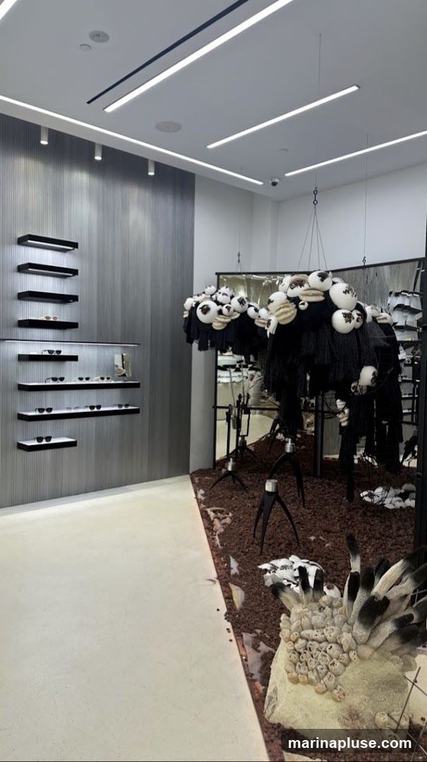 A contemporary retail space with a minimalist aesthetic. Sleek, wall-mounted shelves display eyewear. A striking, avant-garde art installation hangs from the ceiling, featuring black fringe and spherical elements. The floor is a light, neutral tone, contrasting with the dark, textured ground cover around the installation. Recessed lighting illuminates the space.