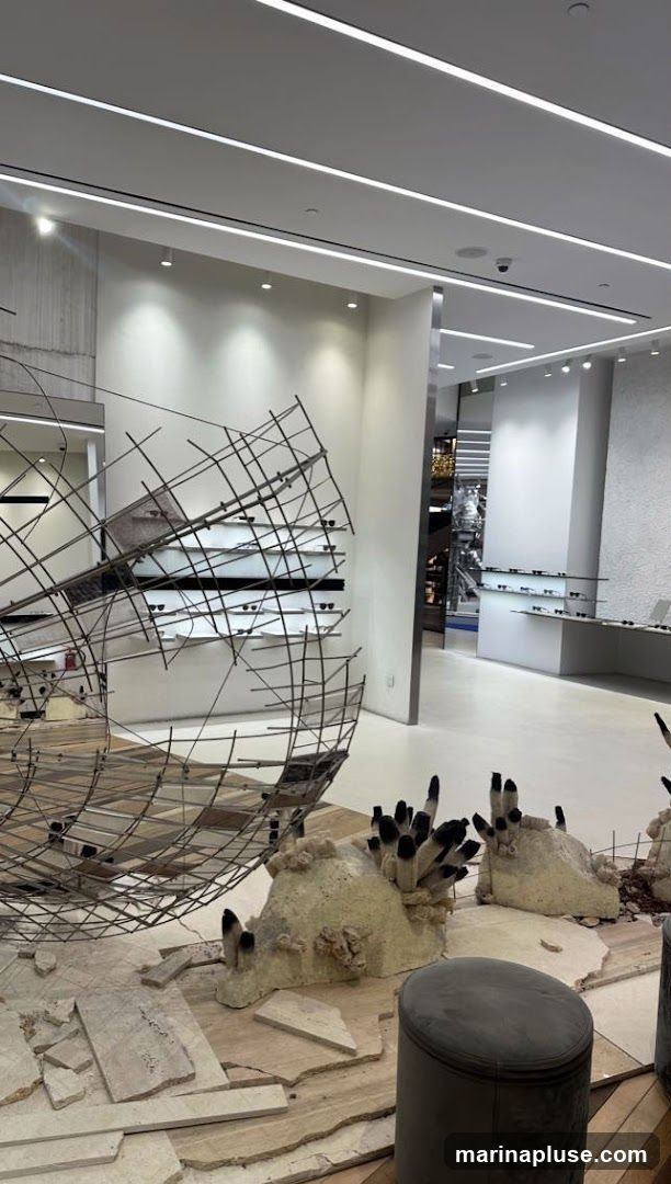 An interior view of a modern retail space, possibly an eyewear store. In the foreground, a large, abstract sculpture made of wire mesh and organic-looking elements is displayed. Behind it, shelves are stocked with sunglasses. The space features clean lines, white walls, and track lighting.