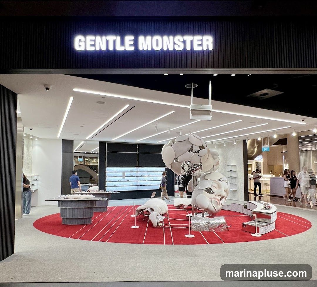 The exterior of a Gentle Monster store is shown, with the brand name illuminated in large white letters above the entrance. Inside, the store features a modern and minimalist design with a large red circular rug in the center. Several abstract sculptures are displayed on the rug, along with display tables showcasing eyewear. Customers are seen browsing inside the store.