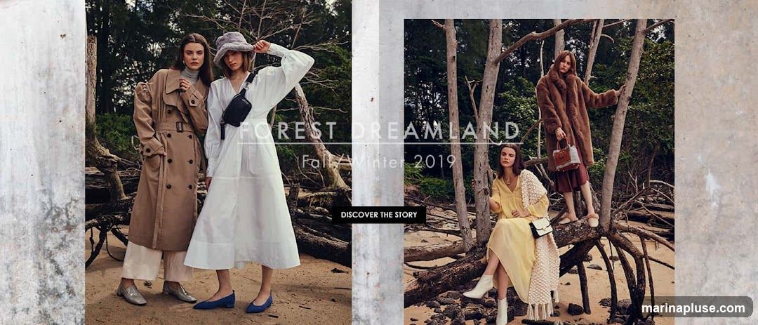 Two split images featuring models posing in a natural, outdoor setting. The left image shows two women on a sandy beach, one in a tan trench coat and the other in a white dress. The right image shows two women among trees and driftwood, one in a brown fur coat and the other in a yellow dress. Text overlays read "FOREST DREAMLAND" and "Fall/Winter 2019", with a "DISCOVER THE STORY" button.