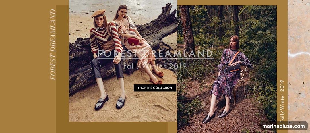 A fashion advertisement featuring two women posing in a natural outdoor setting. The left side shows two women on a sandy beach with driftwood, wearing stylish clothing and accessories. The right side shows a woman sitting in a forest, also dressed in fashionable attire. Text overlays read "FOREST DREAMLAND" and "Fall/Winter 2019", with a "SHOP THE COLLECTION" button.