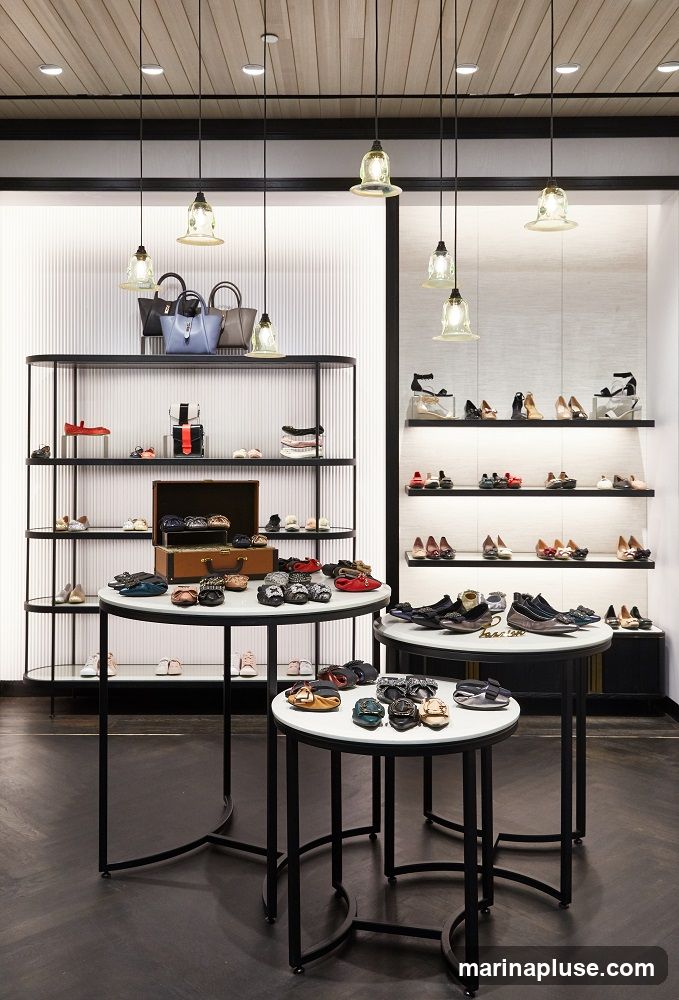A well-lit interior of a shoe store featuring various display shelves and tables showcasing a collection of women's shoes and handbags. The displays are organized and aesthetically pleasing, with shoes arranged on shelves and round tables.