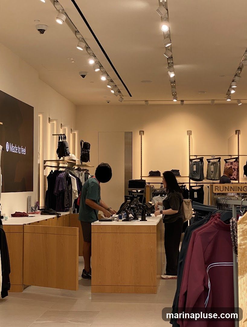 A retail store interior with a checkout counter where a customer is being served by an employee. Racks of clothing are visible in the foreground and background. A large screen on the left displays text.