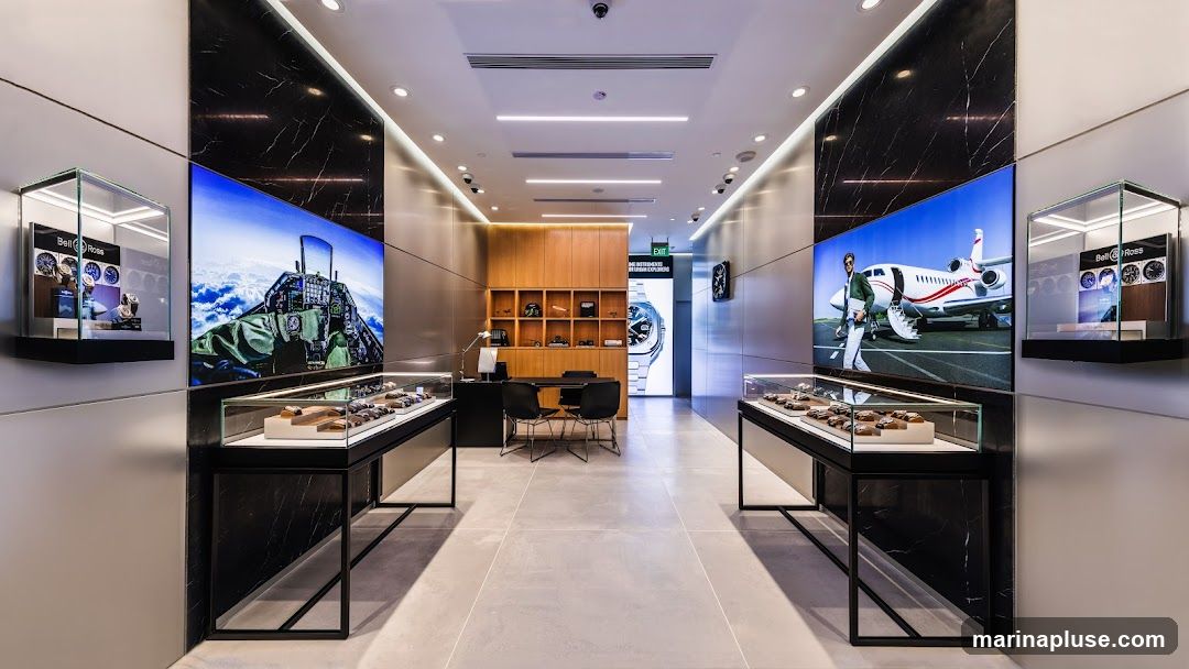 The interior of a modern luxury watch store. Two large screens display advertisements: one shows a fighter jet cockpit, and the other features a man walking towards a private jet. Display cases with watches are positioned along the sides of the store. In the background, a wooden shelving unit displays watches and accessories, with a desk and chairs in front of it. An exit sign is visible in the distance.