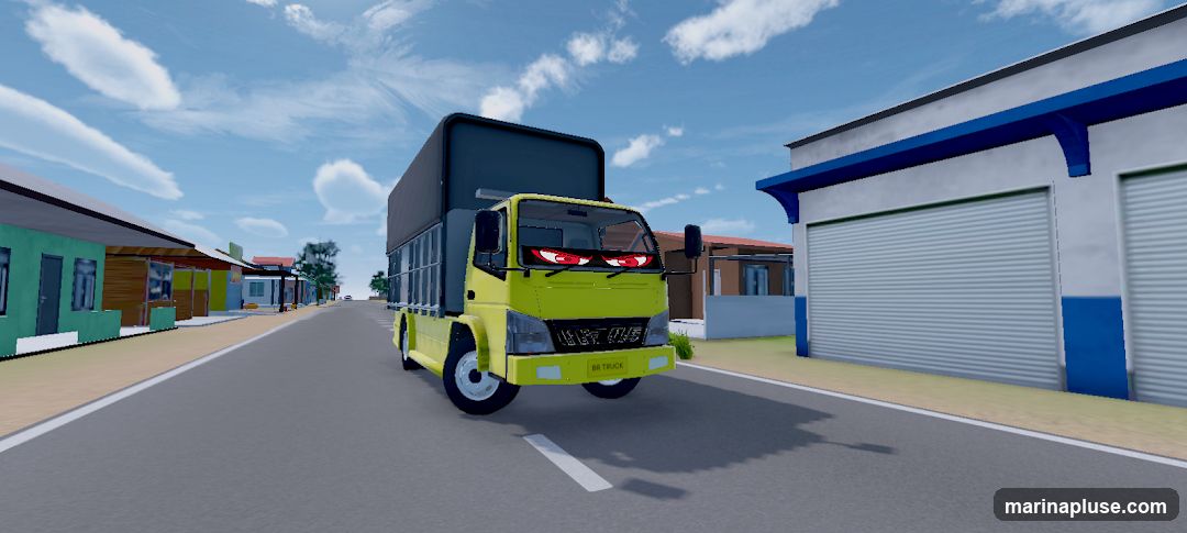 A bright yellow cartoon truck with angry red eyes is driving down a street lined with small buildings. The truck has a dark tarp covering its cargo area. The buildings on the left appear to be shops with open fronts. The building on the right has a large, roll-up garage door. The sky is blue with scattered white clouds.