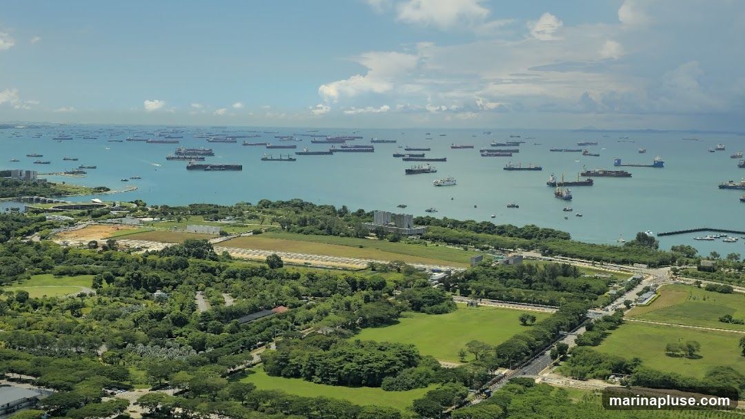 An aerial view of a busy shipping lane with numerous cargo ships anchored in the turquoise water under a partly cloudy sky. The foreground features lush green parkland and trees, with some industrial buildings and infrastructure visible along the coastline.
