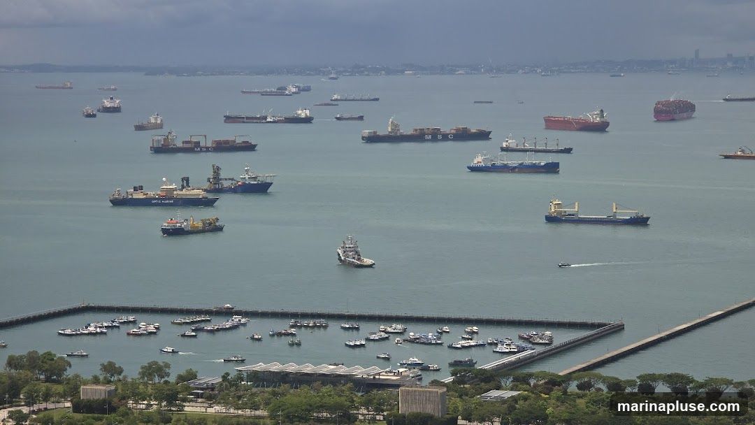 An aerial view of a busy harbor filled with numerous cargo ships and smaller vessels. The ships are of various sizes and types, including container ships, tankers, and tugboats, anchored or moving in the water. In the foreground, there is a pier with many smaller boats docked, and beyond that, a lush green coastline with some buildings and trees. The sky is overcast, casting a muted light over the scene.