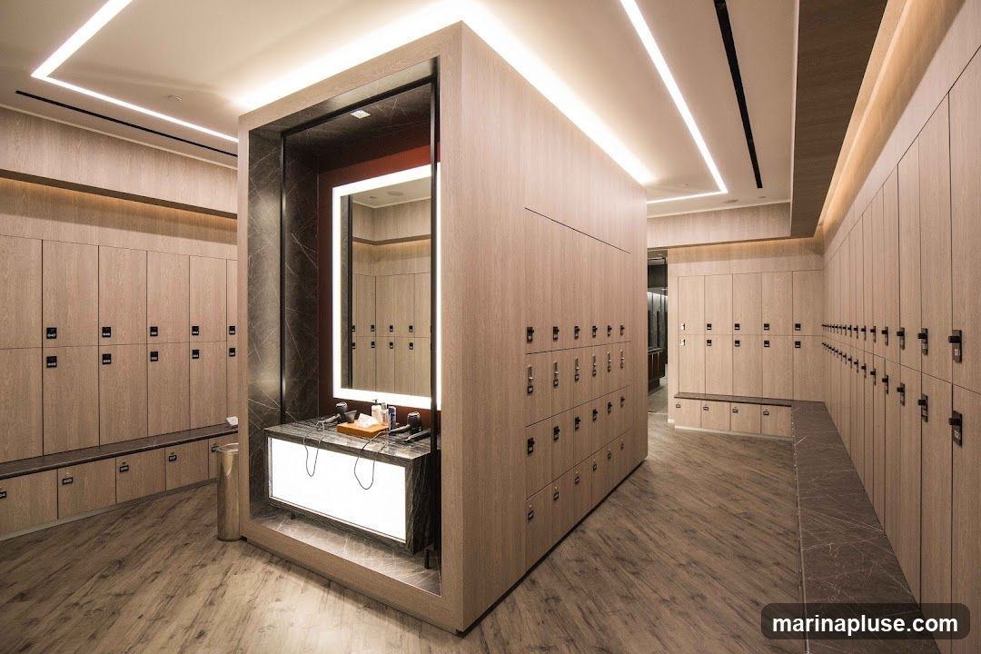 A well-lit and modern locker room with rows of wooden lockers. A central vanity area features a large, illuminated mirror and a marble countertop with toiletries and hair dryers. The floor is a wood-look laminate, and the ceiling has integrated LED lighting.