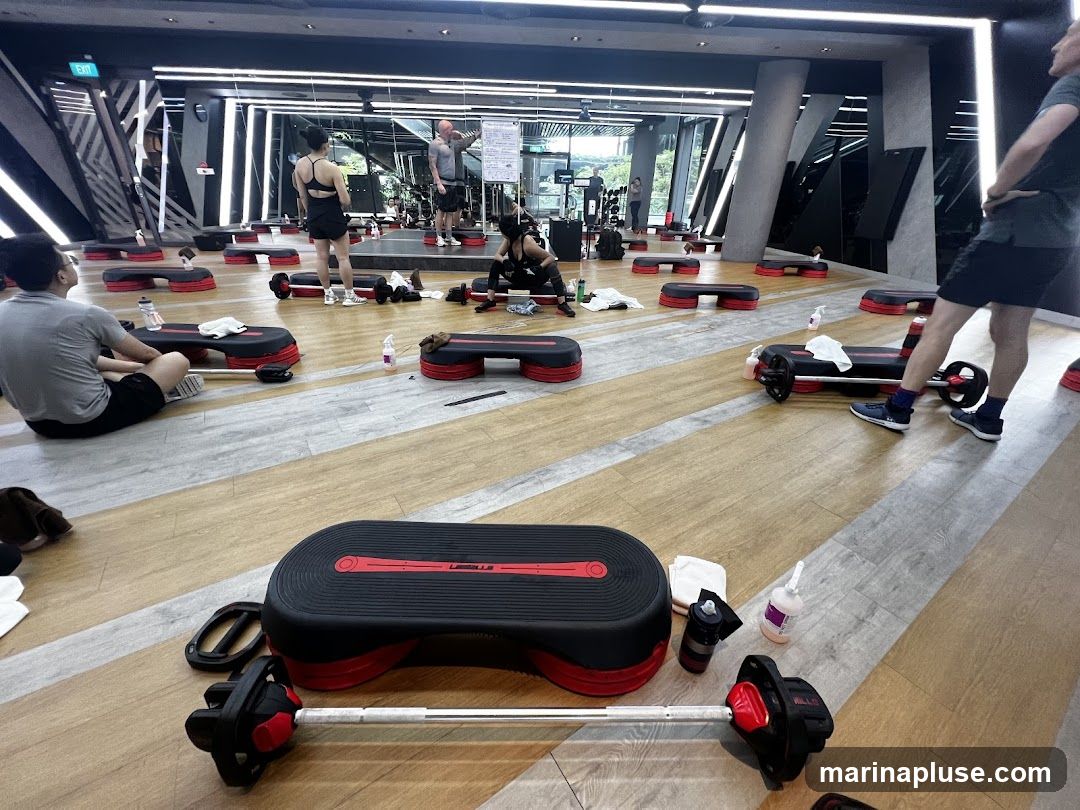 A group of people are participating in a fitness class in a gym. Aerobic steps and barbells are set up on the floor for the participants. Mirrors line the walls, reflecting the gym equipment and the class in session.