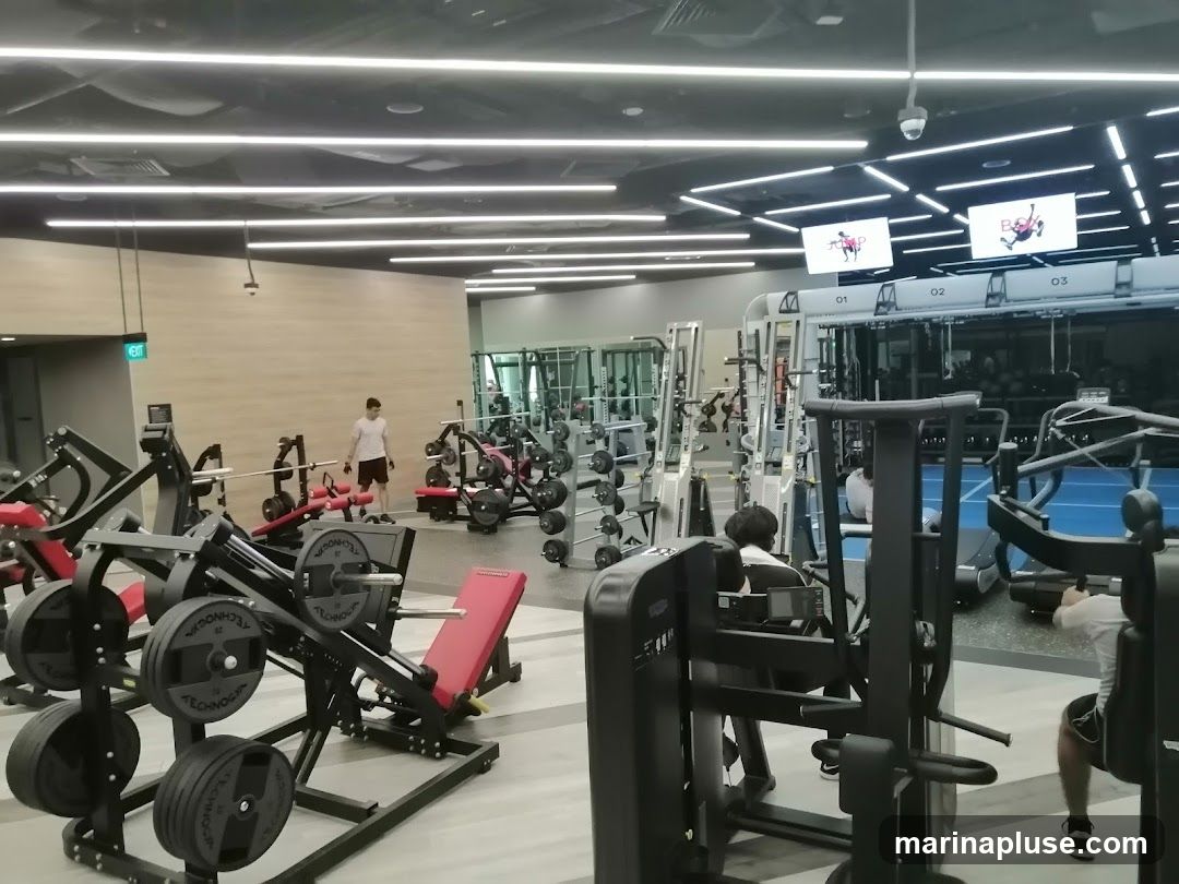 A spacious gym interior with various weight machines, free weights, and cardio equipment. Several individuals are seen working out. Overhead screens display a logo.