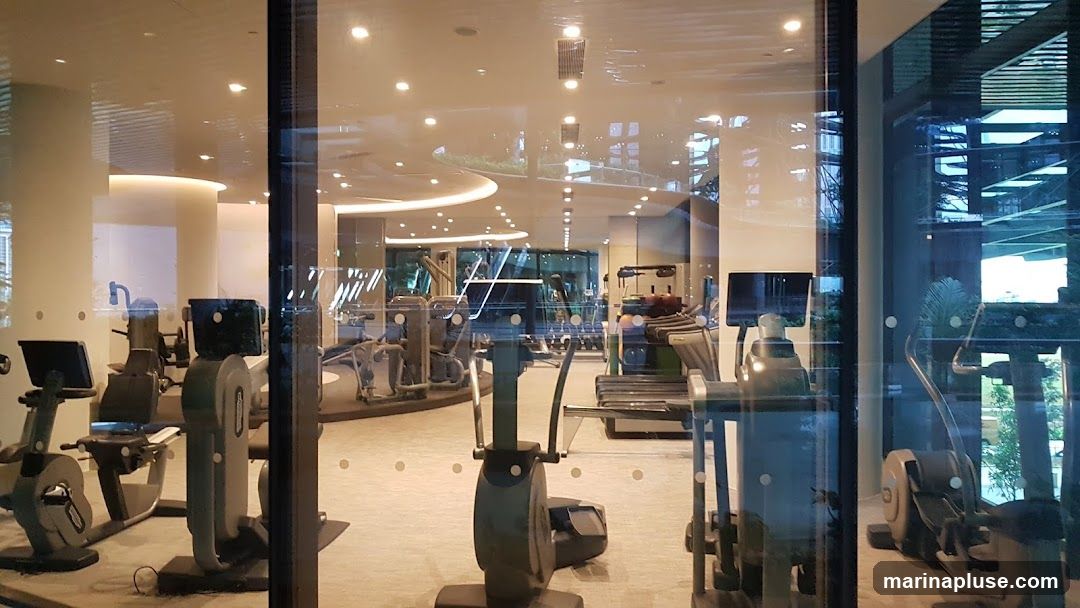 A view through a glass window into a modern gym. The gym is equipped with various exercise machines, including treadmills, ellipticals, and stationary bikes. The interior features a curved ceiling with recessed lighting and a neutral color palette. Reflections on the glass show the exterior environment.