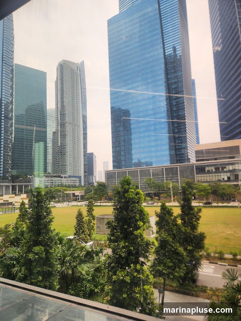 A view of a modern cityscape featuring numerous tall skyscrapers with glass facades. In the foreground, lush green trees and manicured lawns create a contrast with the urban environment. The sky is overcast, casting a soft light on the scene.