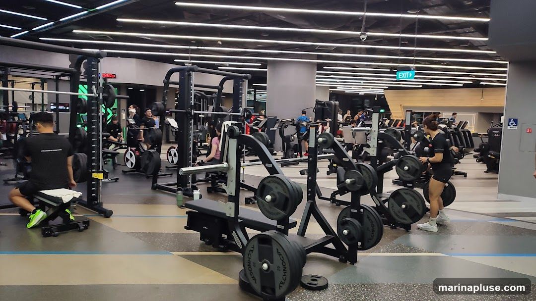 An indoor gym with various weightlifting machines, cardio equipment, and people exercising. The gym features modern equipment, including squat racks, benches, treadmills, and stationary bikes. Several individuals are seen engaged in their workouts, with some lifting weights and others using cardio machines. The space is well-lit with overhead lighting and has a clean, organized appearance. An exit sign is visible in the background.