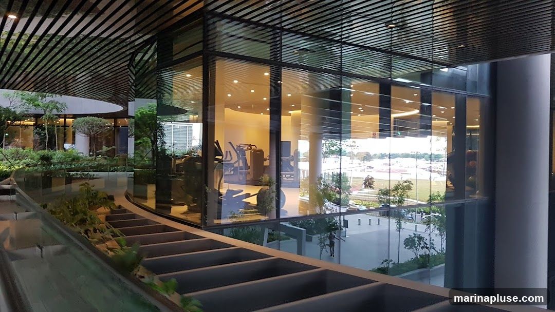 The image shows a modern interior space with large glass windows. Through the windows, a gym with exercise equipment like treadmills and ellipticals is visible. Outside, there is a landscaped area with trees and plants, and beyond that, an open field or sports ground. The architecture features a slatted ceiling and a curved walkway with greenery.