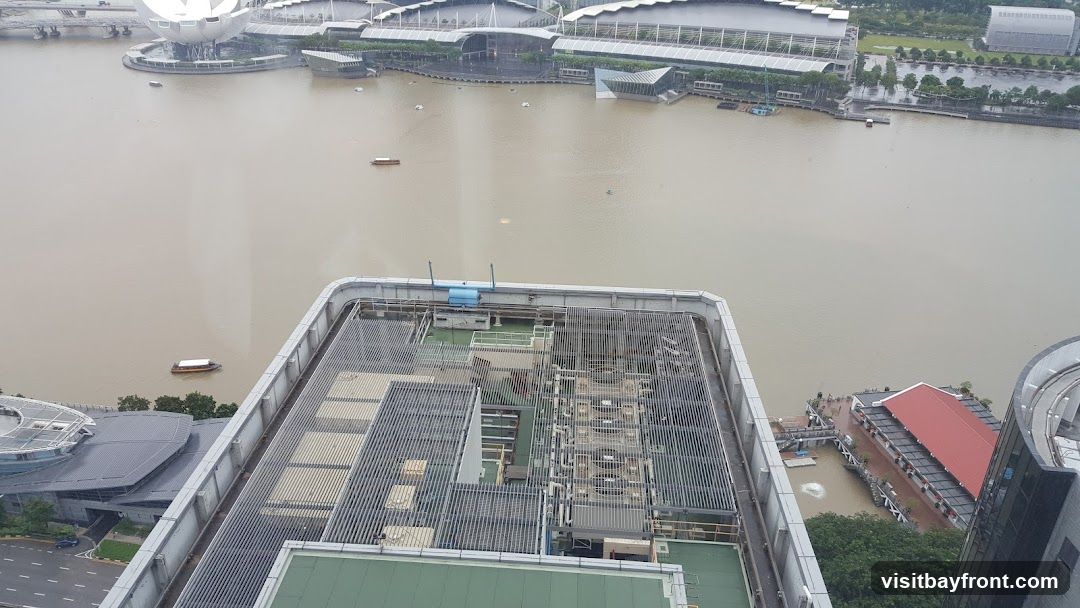 An aerial view shows the rooftops of several buildings, including one with extensive HVAC equipment. Beyond the rooftops, a wide, murky body of water is visible, with several small boats navigating its surface. In the distance, a large, modern complex with distinctive architecture is situated along the waterfront. The overall scene suggests an urban environment with significant water features.