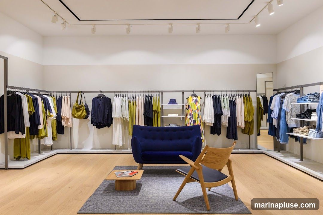 A well-lit clothing store interior with racks of apparel displayed on metal rails. A navy blue sofa and a wooden chair with a grey rug and a small wooden coffee table are arranged in the center of the room, creating a seating area. The walls are painted in neutral tones, and the floor is made of light-colored wood.