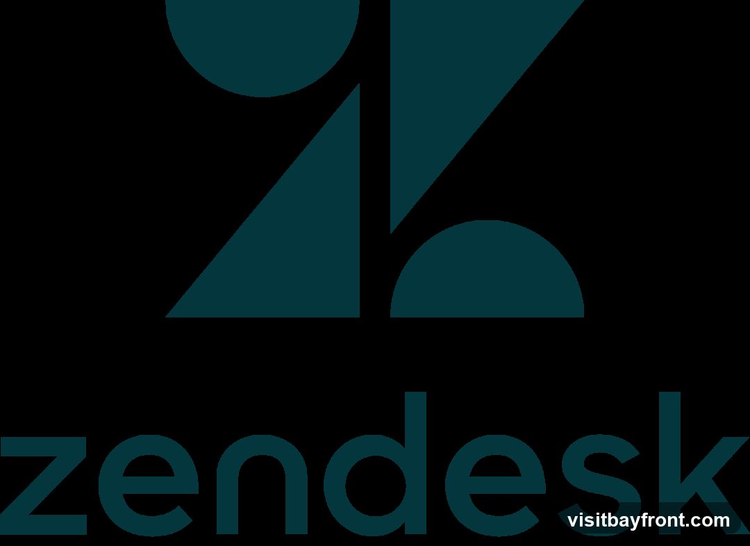 The Zendesk logo features abstract geometric shapes in a dark teal color against a black background. Below the shapes, the word 'zendesk' is written in a sans-serif font, also in dark teal.
