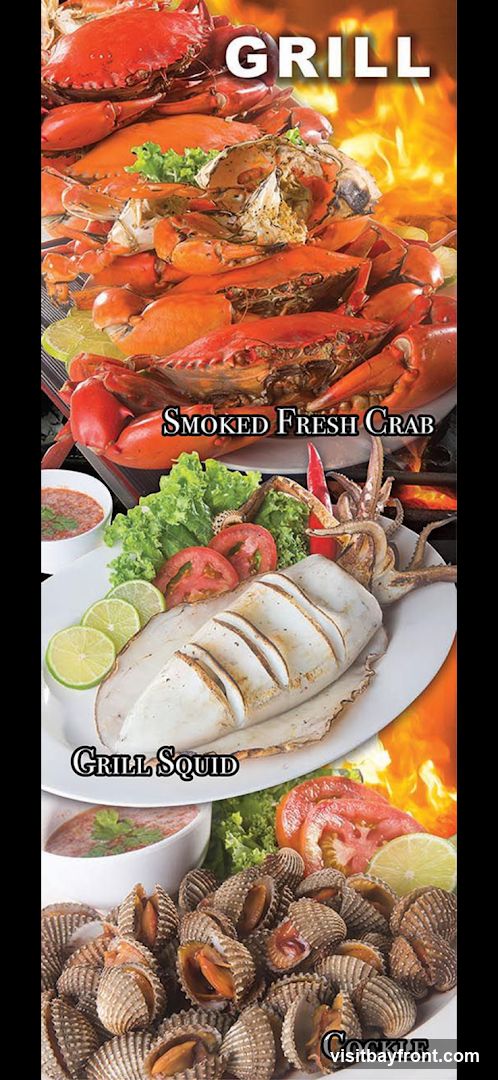 A vertical menu featuring images of grilled seafood. The top section shows a pile of crabs with the text "SMOKED FRESH CRAB". The middle section displays a grilled squid with lime and lettuce, labeled "GRILL SQUID". The bottom section shows a plate of cockles, labeled "COCKLE". The background features flames, suggesting a grilling theme.