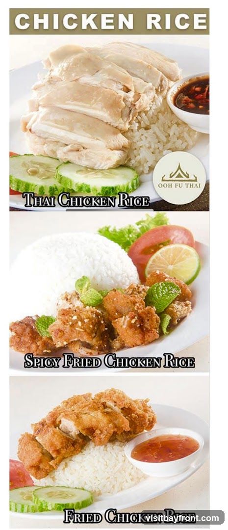 Three plates of chicken rice are shown. The top plate features sliced poached chicken with rice and a dipping sauce. The middle plate shows spicy fried chicken pieces with rice, garnished with mint and tomato. The bottom plate displays crispy fried chicken with rice and a sweet chili sauce. The restaurant's logo,