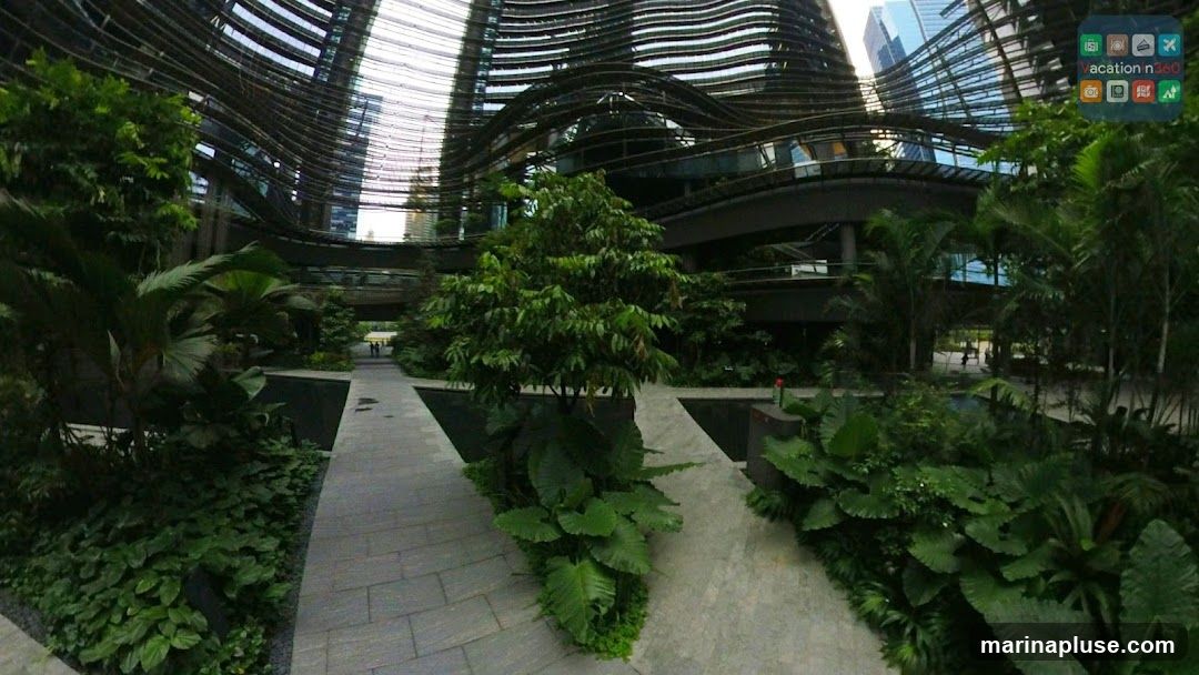 A wide-angle view of a contemporary architectural space featuring curved, layered structures and abundant tropical plants. Paved walkways wind through the greenery, alongside dark water features. In the background, modern skyscrapers are visible. A small overlay in the top right corner shows icons and the text "Vacation n360".