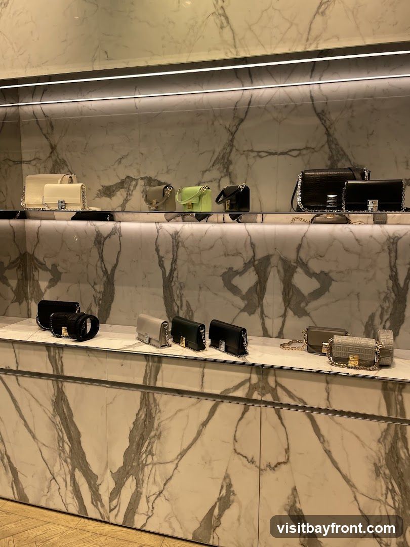 A display of various handbags on shelves with a marble-patterned background. The handbags are in different colors including cream, lime green, black, and grey. Some have chain straps and decorative clasps.