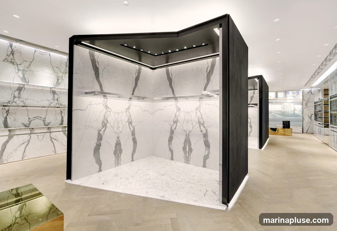 An interior view of a modern retail space with marble-patterned walls and light wood flooring. Several display units with black frames and integrated lighting are visible, some featuring shelves. In the background, more display shelves and cabinets are present, along with a glimpse of the exterior through large windows.