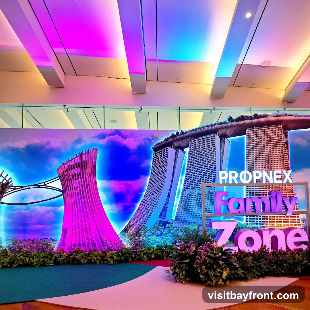 A vibrant display featuring a backdrop of the Marina Bay Sands hotel and a stylized tower, illuminated with colorful lights. In the foreground, a large sign reads "PROPNEX Family Zone" in bold, illuminated letters. Lush greenery and floral arrangements are placed around the display, creating an inviting atmosphere. The ceiling above is lit with pink and blue lights.