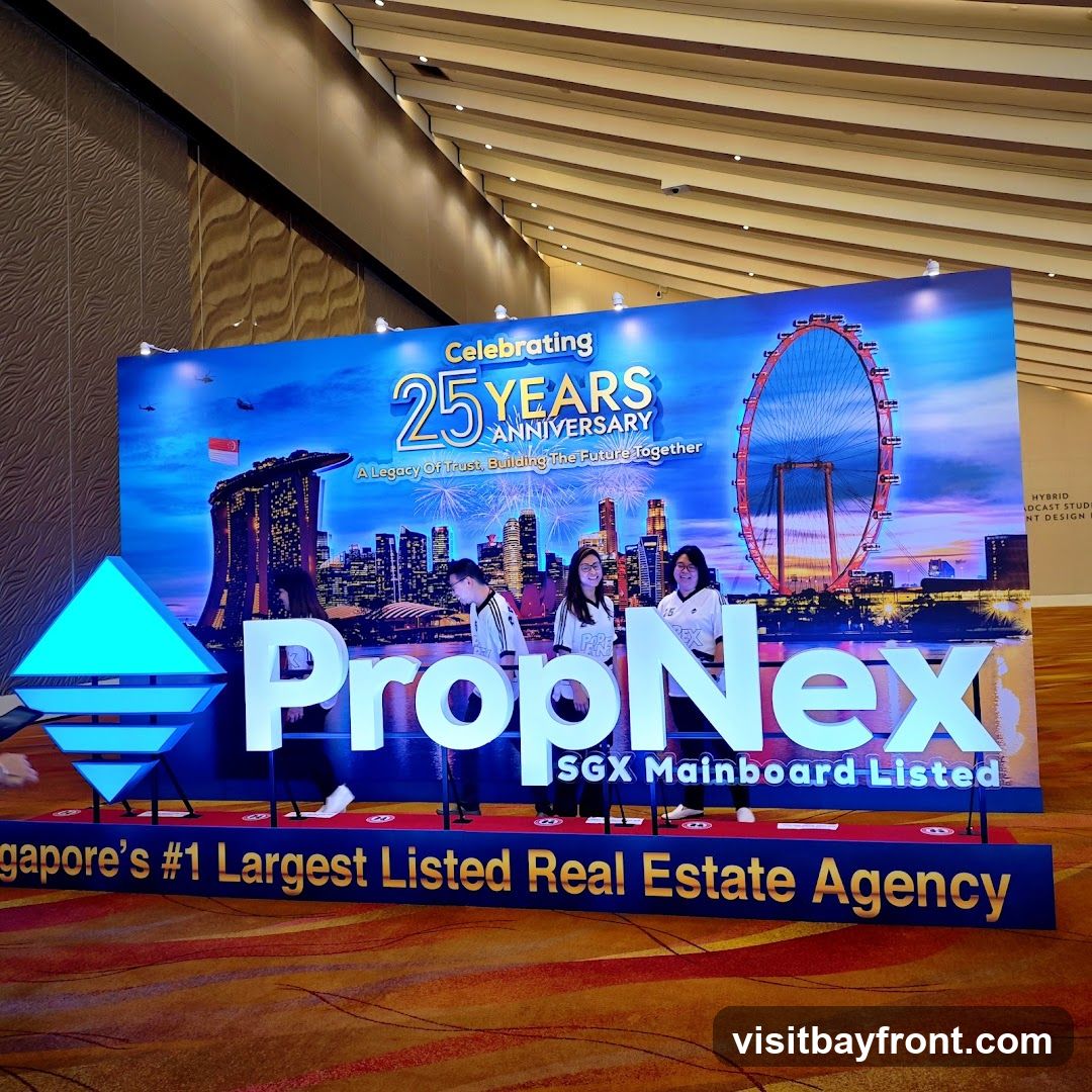 A large banner celebrating the 25th anniversary of PropNex, an SGX Mainboard Listed real estate agency. The banner features a cityscape with fireworks, the Singapore Flyer, and the PropNex logo. Four people are standing in front of the banner.