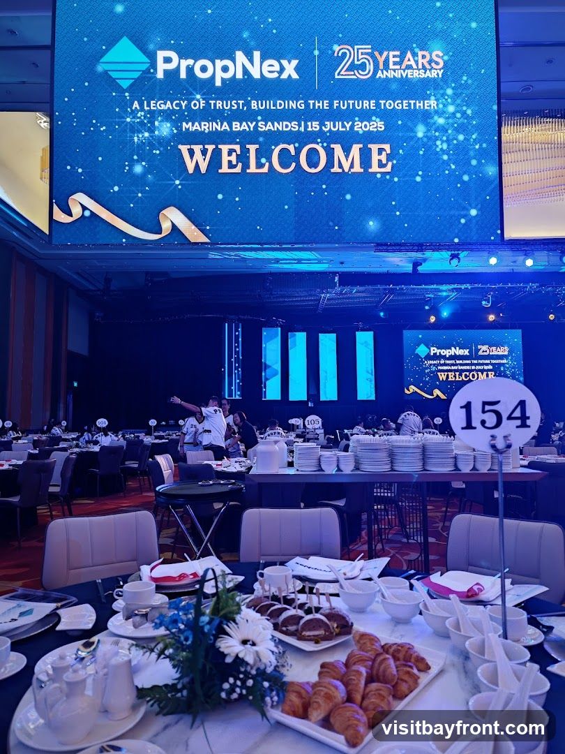 A large screen displays "PropNex 25 YEARS ANNIVERSARY" with the tagline "A LEGACY OF TRUST, BUILDING THE FUTURE TOGETHER" and event details "MARINA BAY SANDS | 15 JULY 2025 WELCOME". The room is set up for a formal event with round tables covered in dark blue tablecloths. Each table is set with white plates, cups, and cutlery, and some tables have floral centerpieces and platters of pastries and sandwiches. A large stack of white plates and bowls is visible on a table in the background. Several people are seen mingling in the room. A table number "154" is prominently displayed.